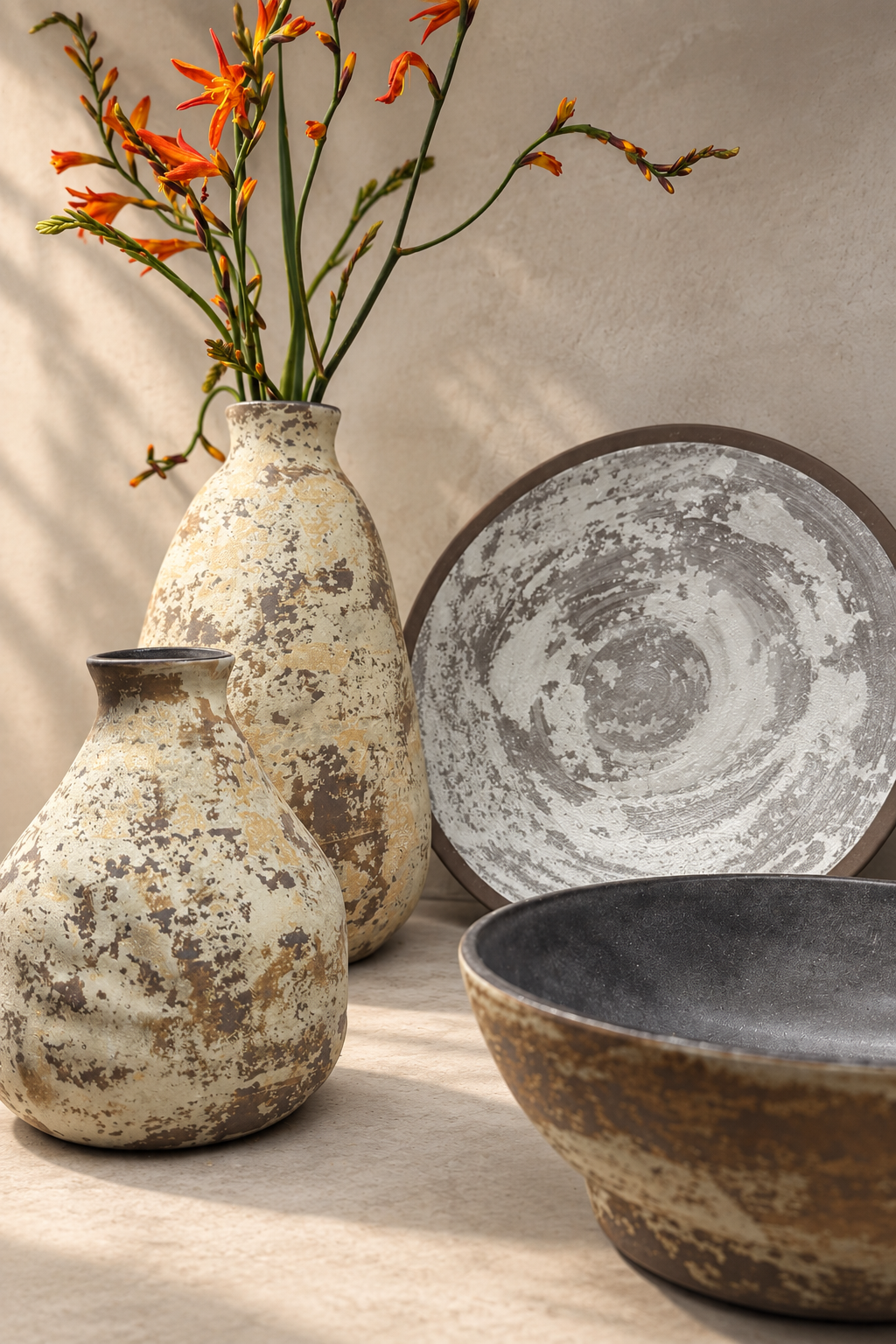 Weathered ceramic vases and bowls arranged with orange flowers